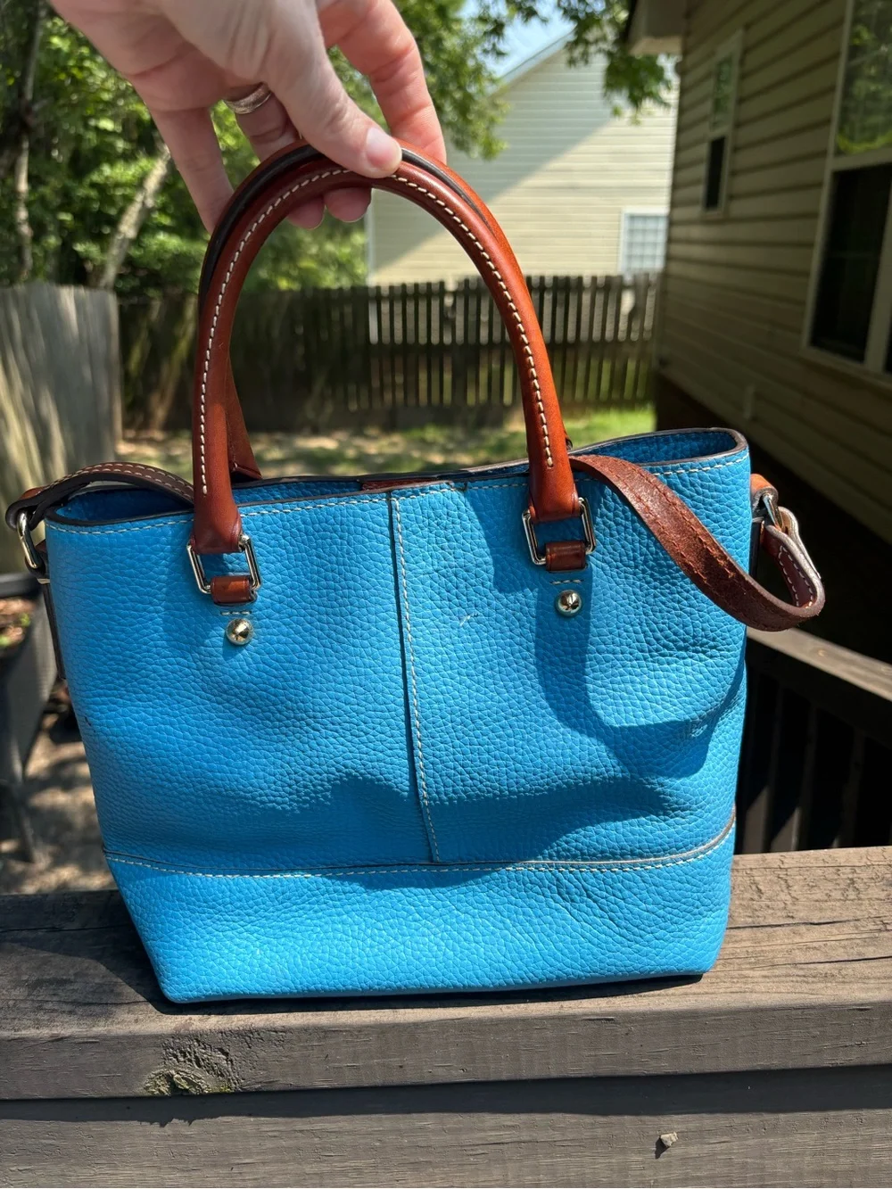 Dooney & Bourke Pebble Leather Satchel -Blue with  Brown Handles